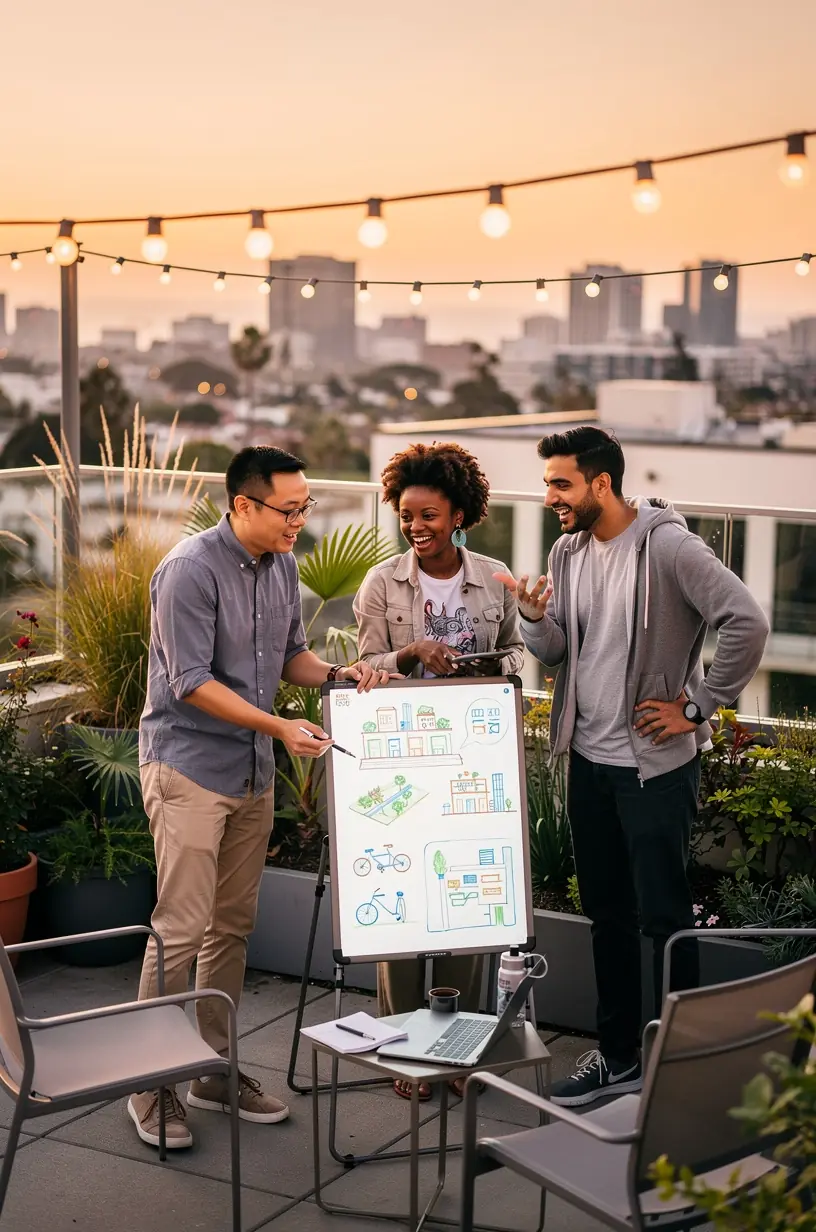 Aerial view of a sustainable housing development with solar panels and green roofs enhancing urban living.