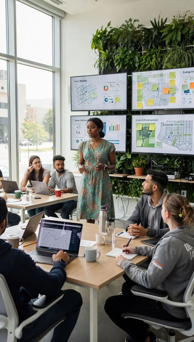City planners discussing data analytics displayed on tablets to optimize traffic flow in a residential district.
