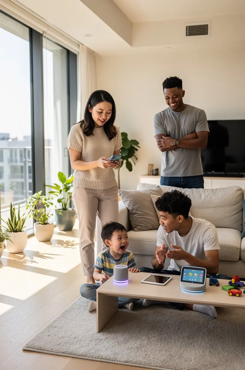 A community park featuring interactive digital kiosks providing local information and real-time transit updates.